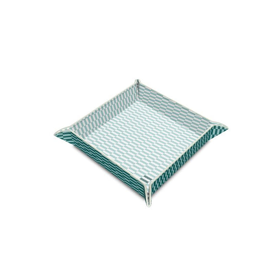 Corner-folded leather tray with the Equality Check pattern in teal, made up of a repeating check in light teal and white, with a bold teal highlighted equal sign in the bottom right corner inside of the tray.