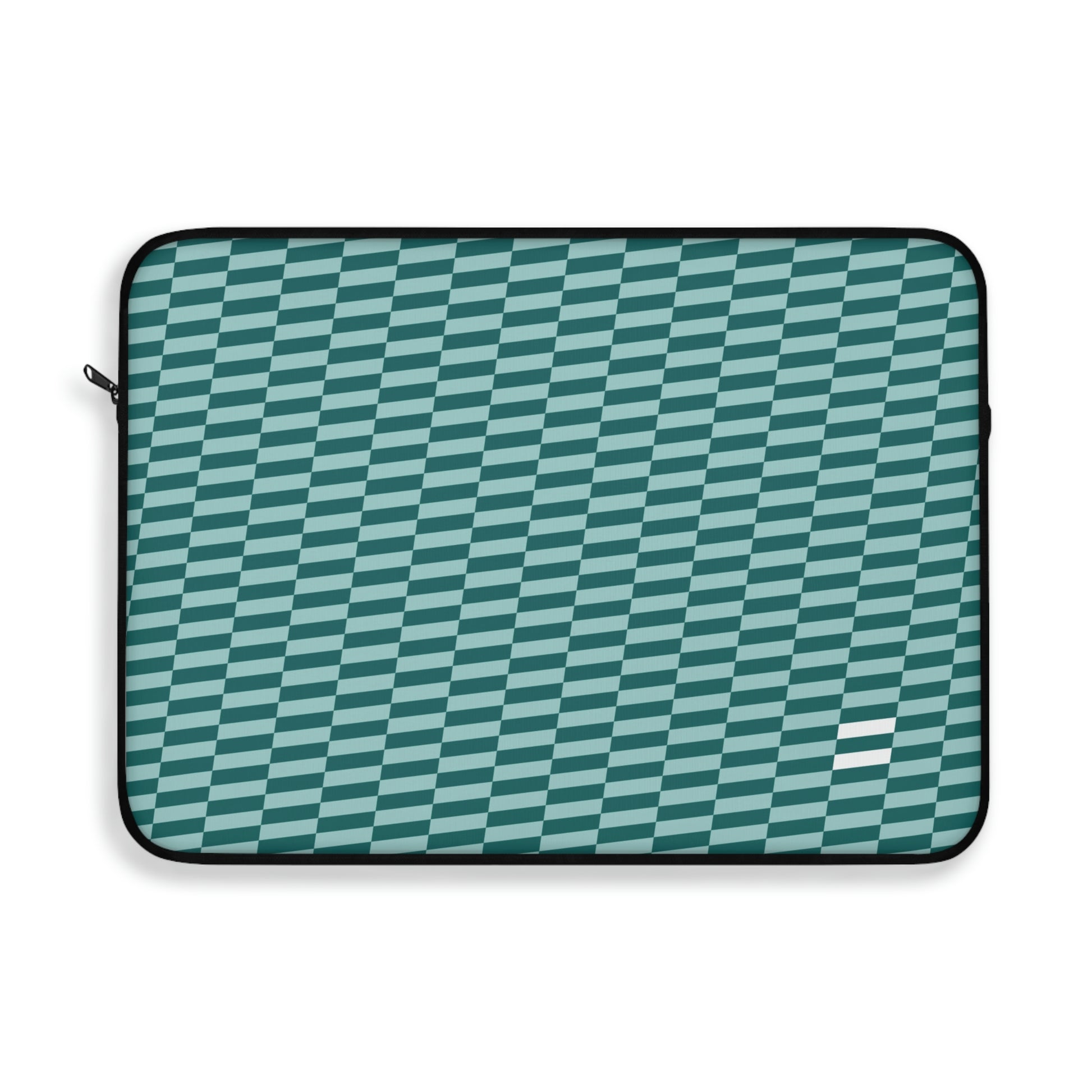A soft laptop case with a zipper on top. The back side is solid black, and the inside is lined with solid black soft fabric. The front is printed with the Equality Check pattern in dark and light teal, with a white equal sign in the bottom right corner.