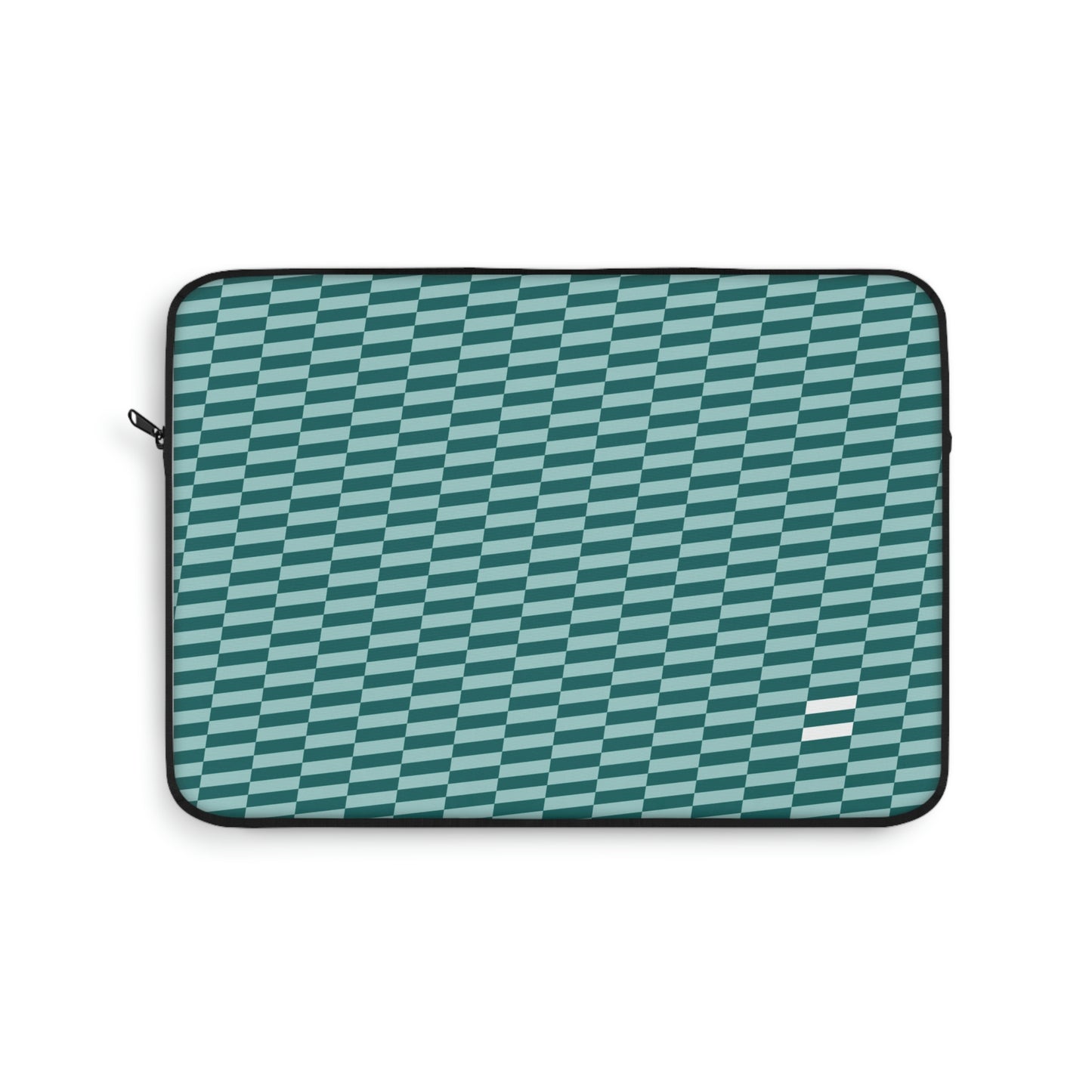 A soft laptop case with a zipper on top. The back side is solid black, and the inside is lined with solid black soft fabric. The front is printed with the Equality Check pattern in dark and light teal, with a white equal sign in the bottom right corner.