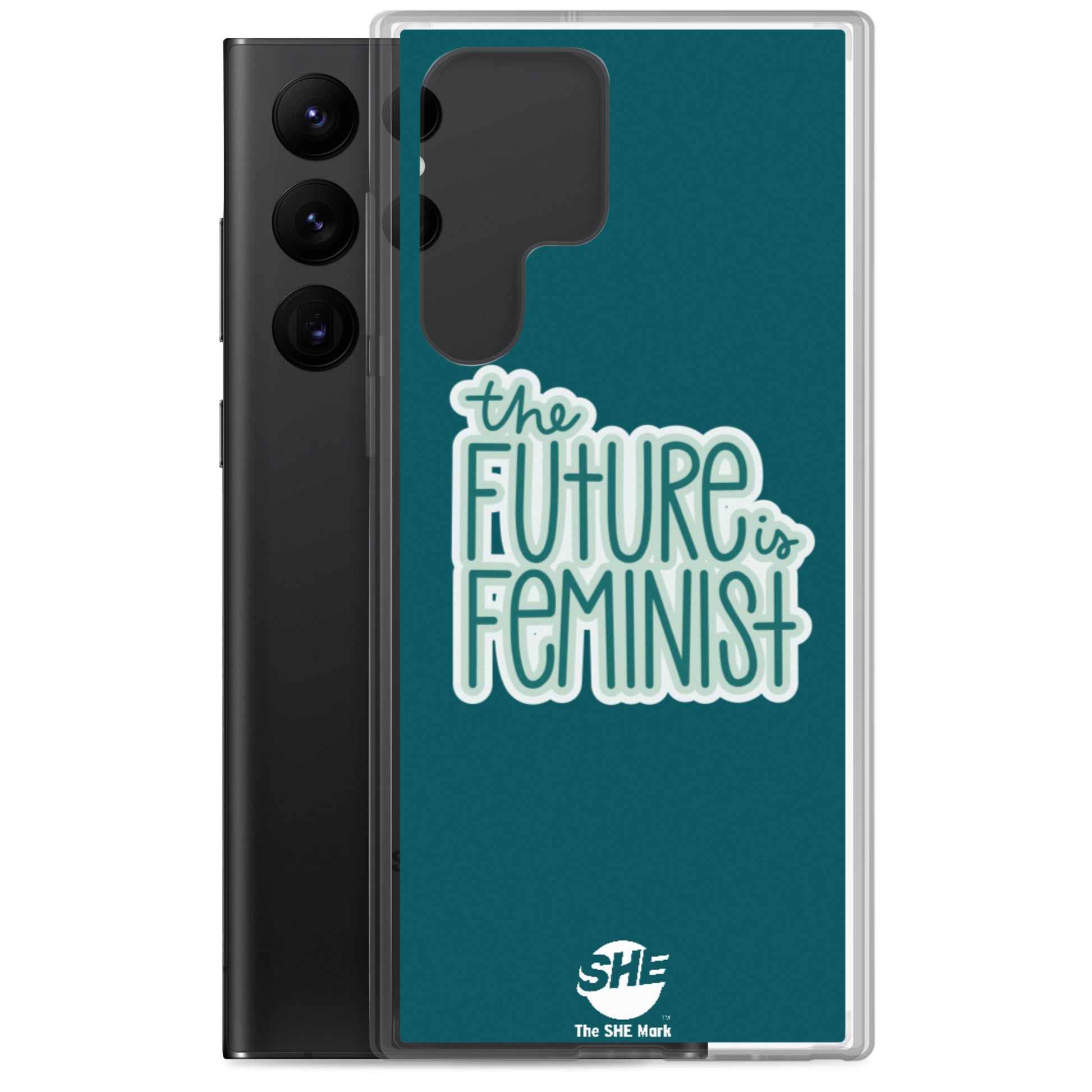 Teal phone case with "the future is feminist" printed in the center of it in teal with a white outline. On the bottom of the case in the center is a small, white The SHE Mark logo with the words "The SHE Mark" printed below it in white.