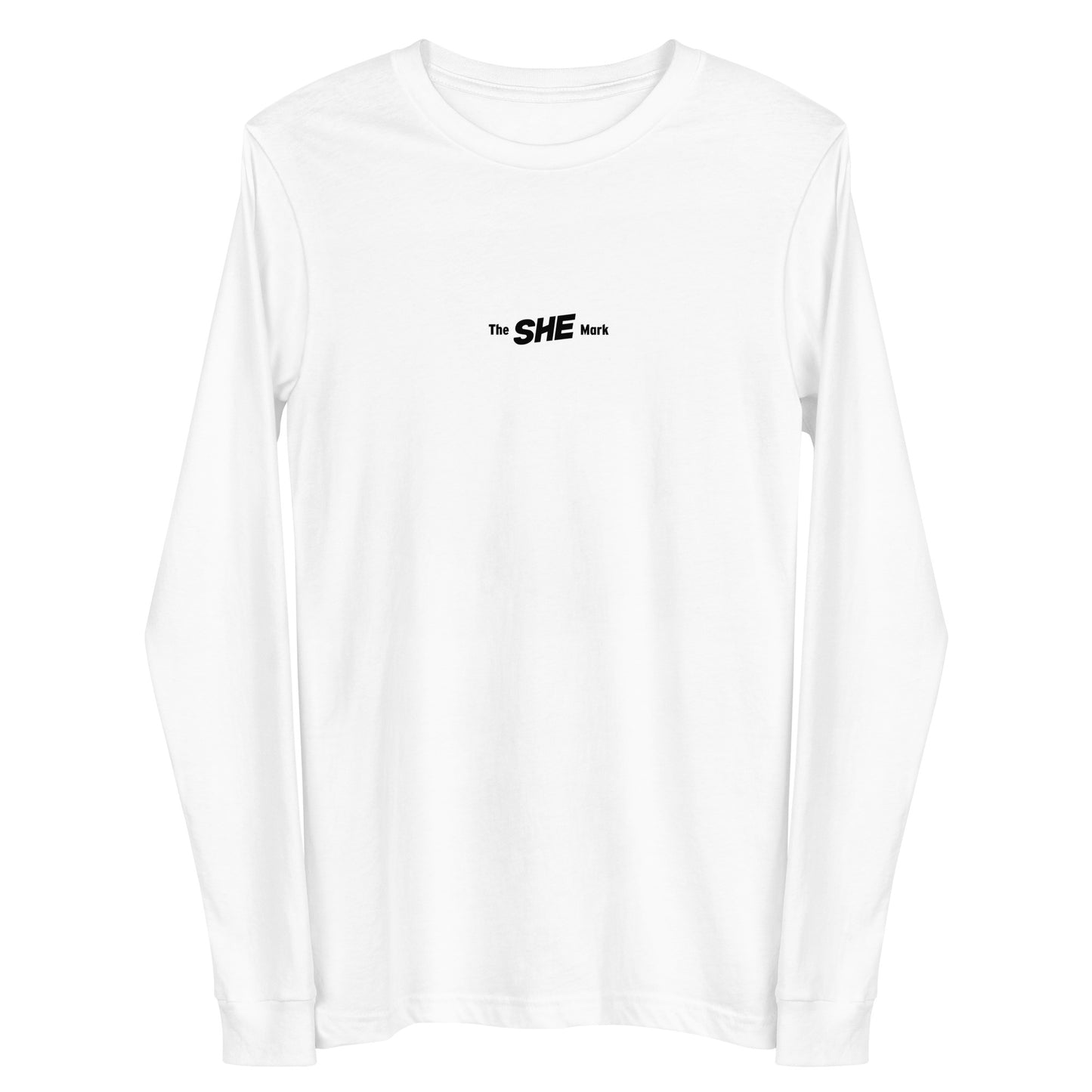 White long-sleeve crew neck shirt with the words "The SHE Mark" printed in black.