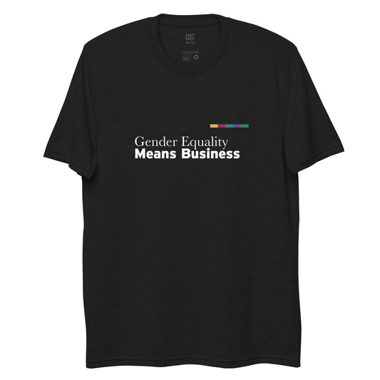 Black crewneck t-shirt with the phrase "gender equality means business" on the front, centered on the chest. The phrase is in white text, with the words "means business" in bold font. Above the phrase and to the right is a bar with rectangles of the following colors: gold, ruby, teal, purple, and green. 