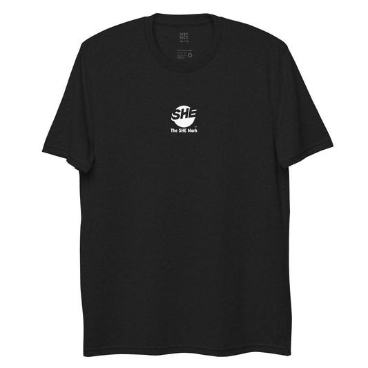 Black t-shirt with The SHE Mark logo in white on the front and the words "The SHE Mark" below it. 