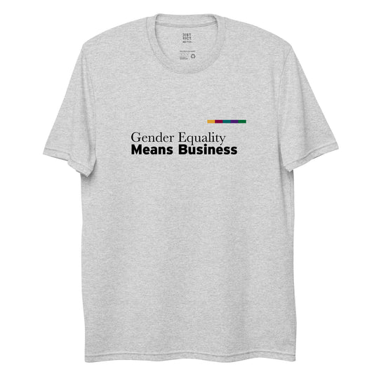 Grey, crewneck t-shirt with the words' Gender equality means business" printed on the center of the chest in black text. "Means business" is in bolded font. There is a rectangular bar above the text to the right with rectangles in the following colors: gold, ruby, teal, purple, and green.